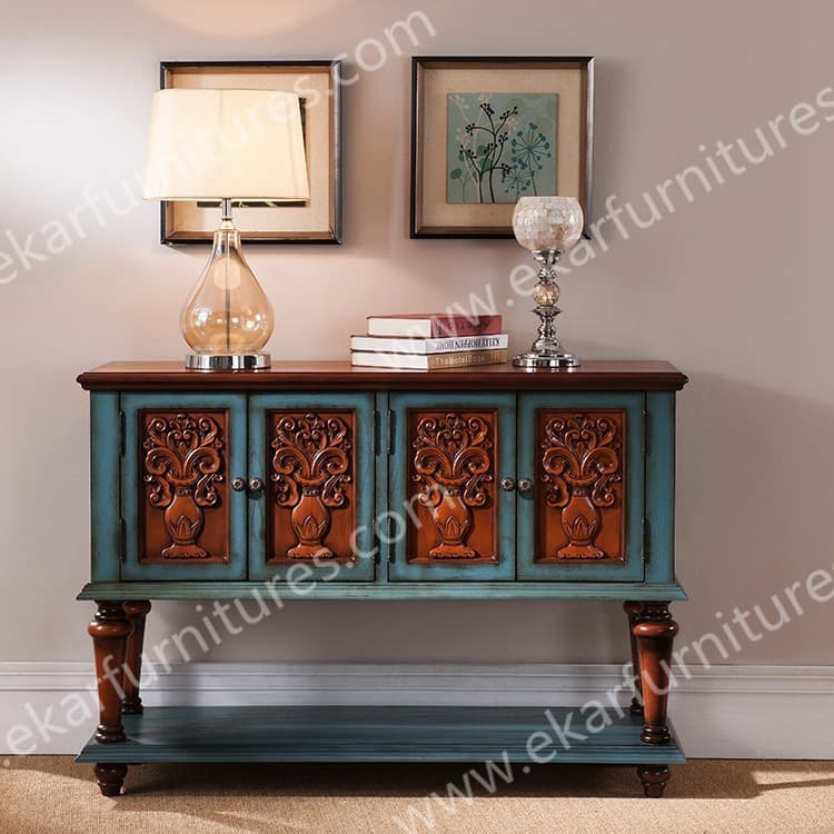 Small Furniture Carving Console Table With 3 Drawers in Blue
